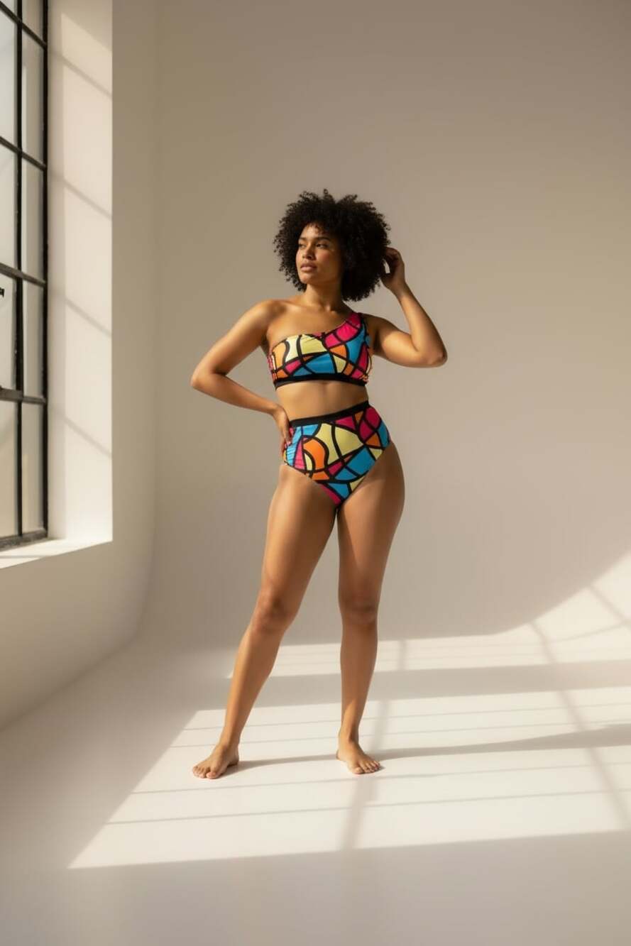 Geometric Print One-Shoulder High-Waisted Bikini Set 4XL
